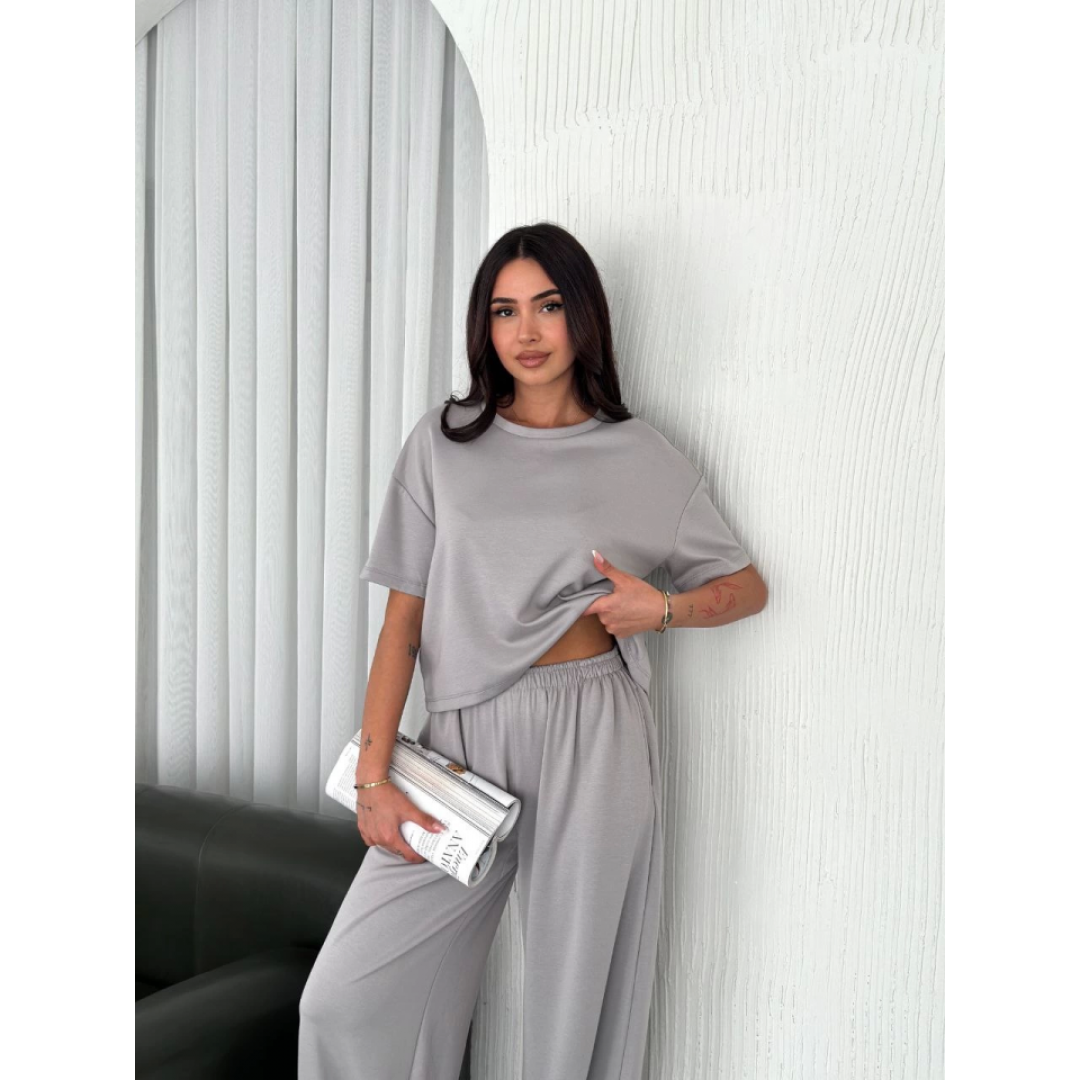 Osy Modal Yumuşak Dokulu Kumaş Bisiklet Yaka T-shirt  Bol Paça Pantalon Ikili Takım - Boyalı Gri 159906