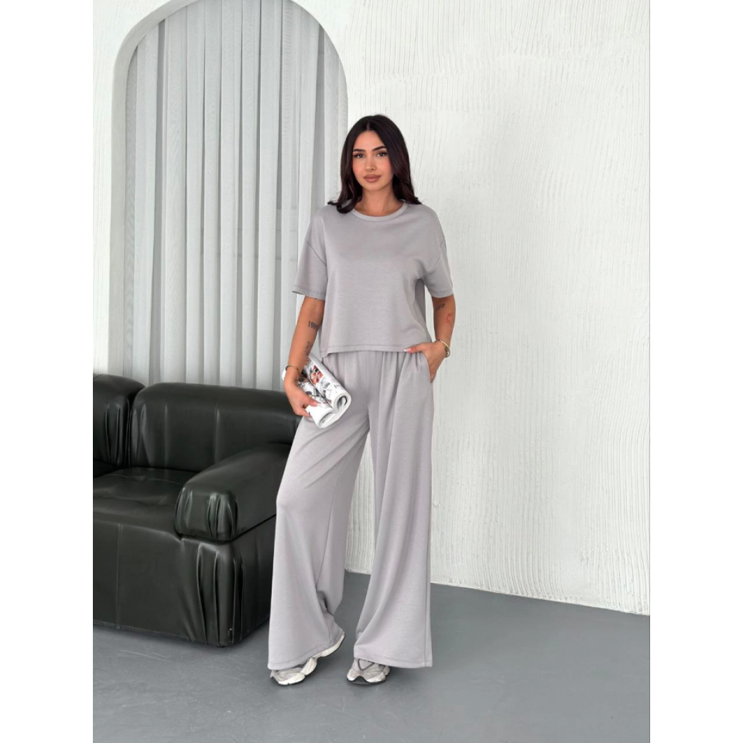 Osy Modal Yumuşak Dokulu Kumaş Bisiklet Yaka T-shirt  Bol Paça Pantalon Ikili Takım - Boyalı Gri 159906