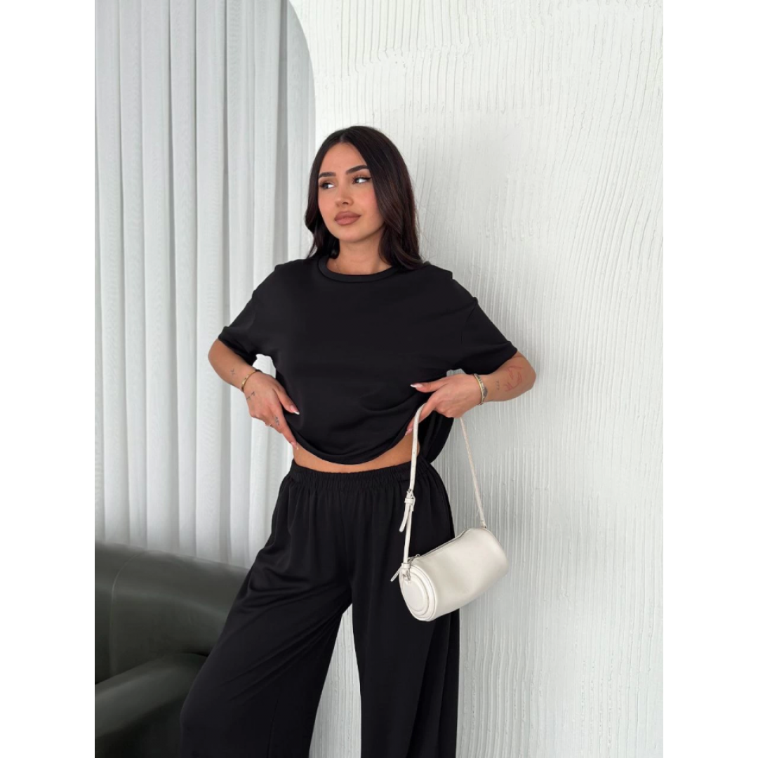 Osy Modal Yumuşak Dokulu Kumaş Bisiklet Yaka T-shirt Bol Paça Pantalon Ikili Takım -Siyah