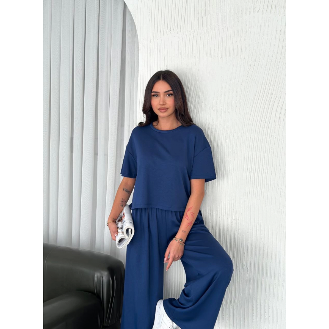 Osy Modal Yumuşak Dokulu Kumaş Bisiklet Yaka T-shirt Bol Paça Pantalon Ikili Takım -Saks Mavi 159908 Osy Modal Yumuşak Dokulu Kumaş Bisiklet Yaka T-shirt Bol Paça Pantalon Ikili Takım -Saks Mavi 159908