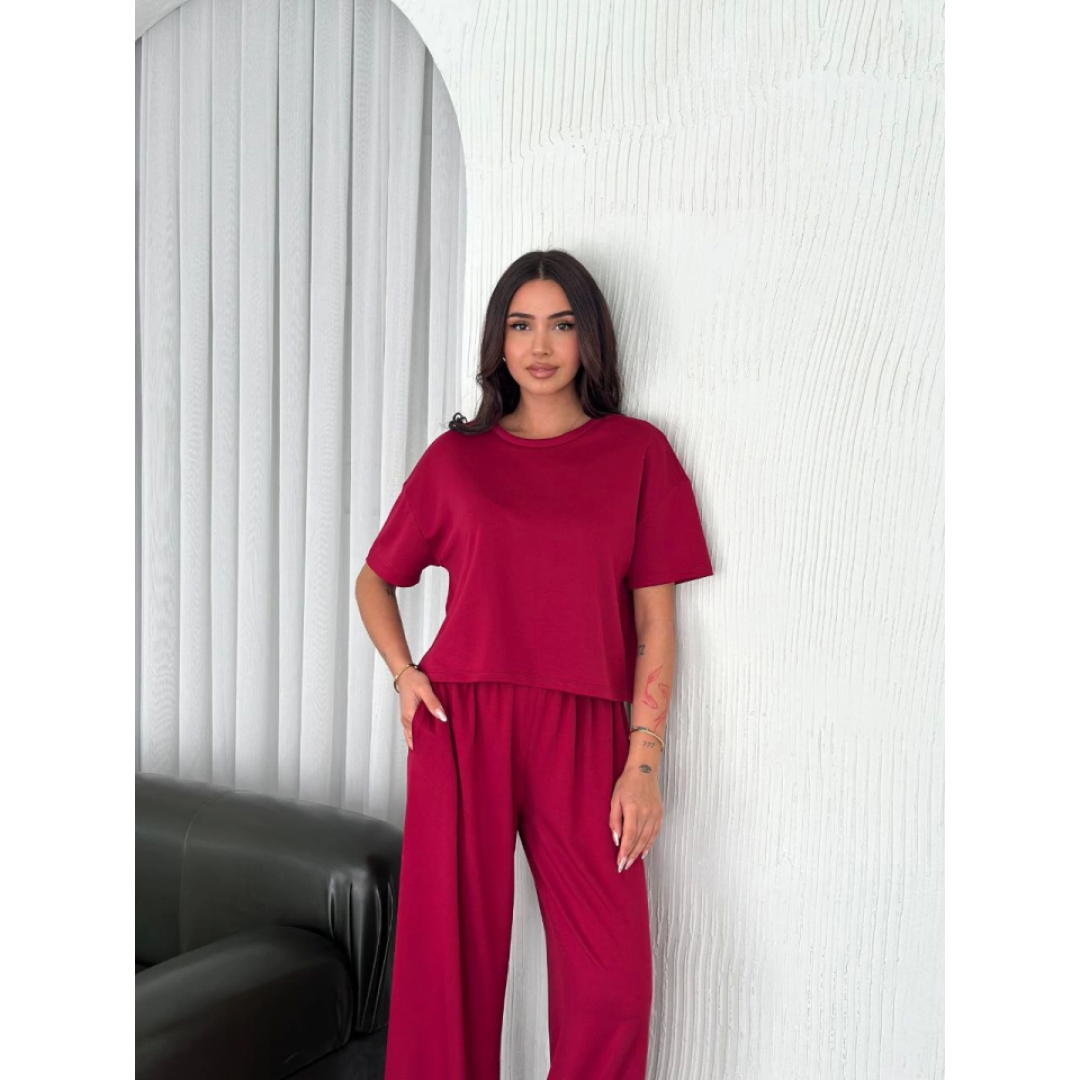 Osy Modal Yumuşak Dokulu Kumaş Bisiklet Yaka T-shirt Bol Paça Pantalon Ikili Takım -Bordo 159909 Osy Modal Yumuşak Dokulu Kumaş Bisiklet Yaka T-shirt Bol Paça Pantalon Ikili Takım -Bordo 159909