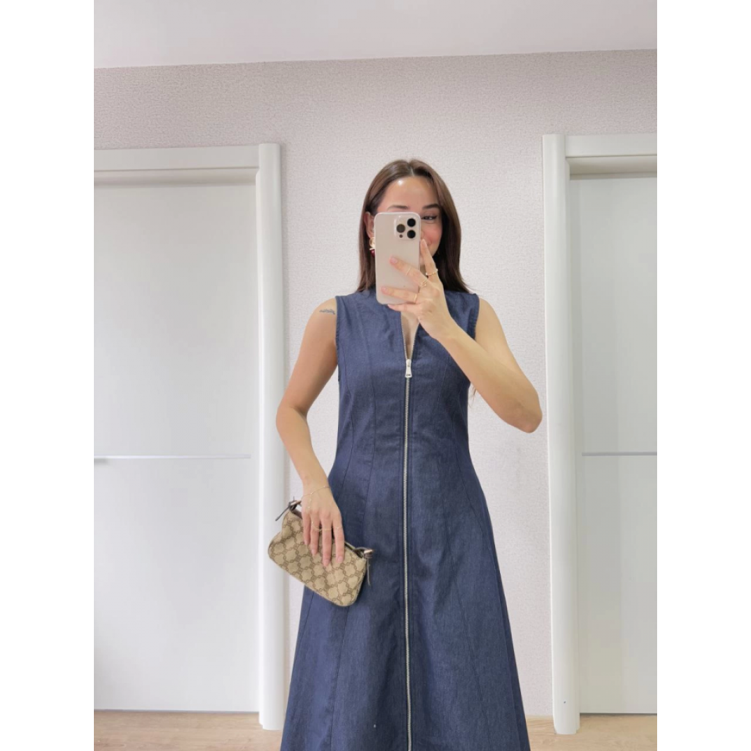Jeans Kot Önü Tam Fermuarlı Uzun Elbise - Mavi - 161029 Jeans Kot Önü Tam Fermuarlı Uzun Elbise - Mavi - 161029