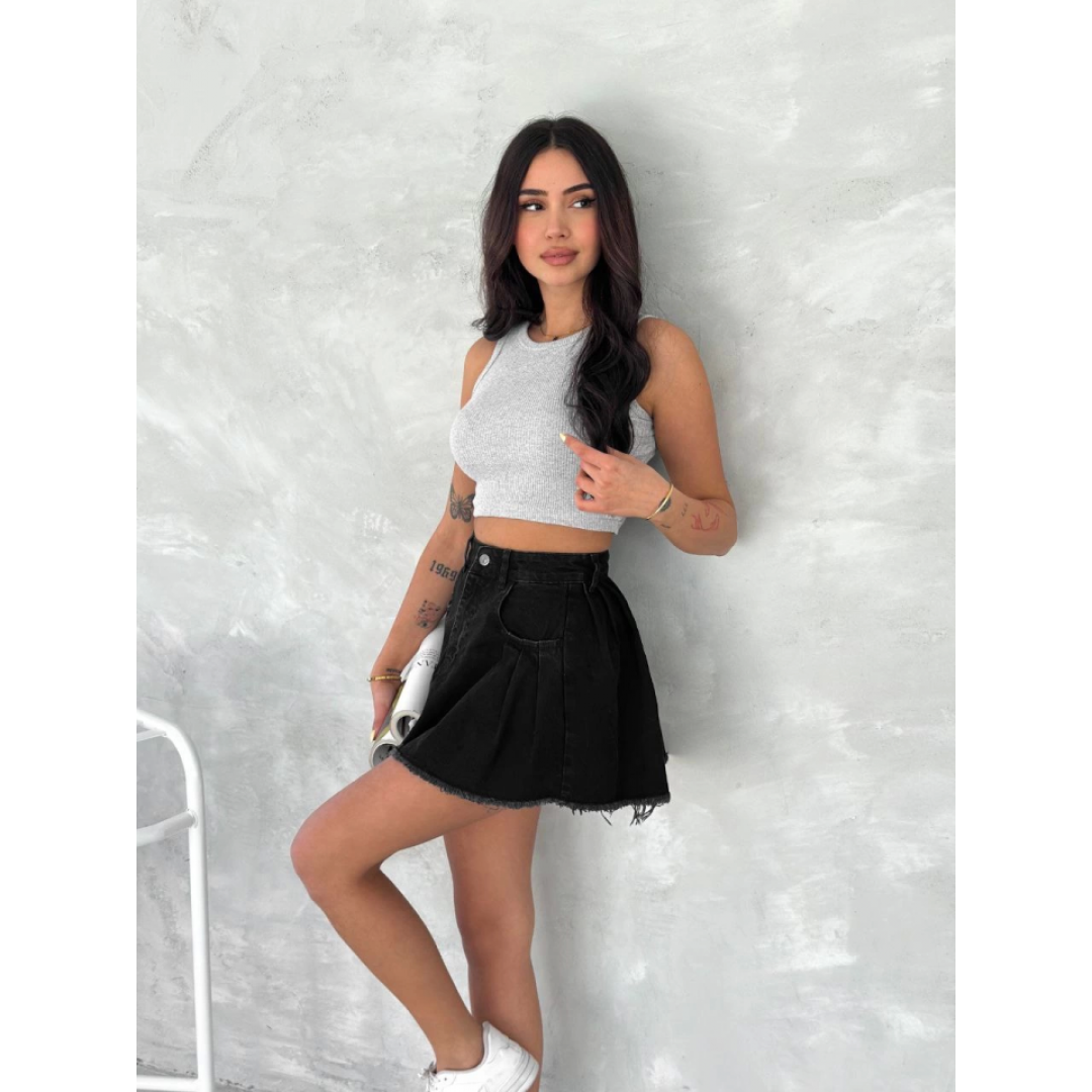 Şık Pileli Yazlık Mini Etekli Kot- Siyah 161283