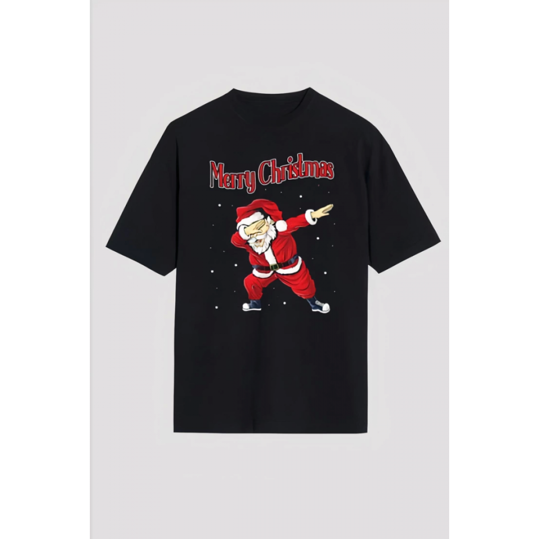 Merry Christmas Baskılı Noel Babalı T-shirt - Siyah 161330