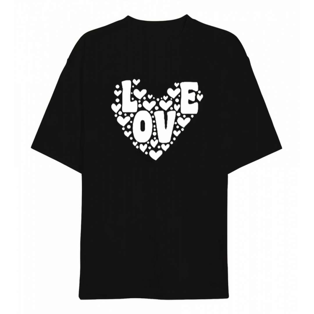 Sevgililer Günü İçin Özel Tasarım Love Kalp Baskılı T-shirt - Siyah 161340