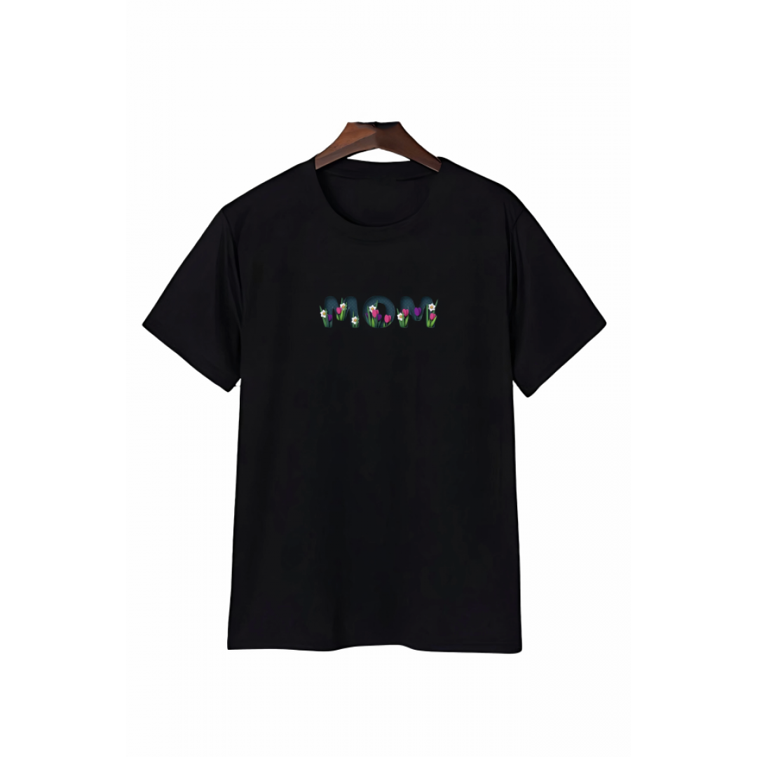 Anneler Gününe Özel Tasarım Mom Çiçek Baskılı T-shirt - Siyah 161355 Anneler Gününe Özel Tasarım Mom Çiçek Baskılı T-shirt - Siyah 161355