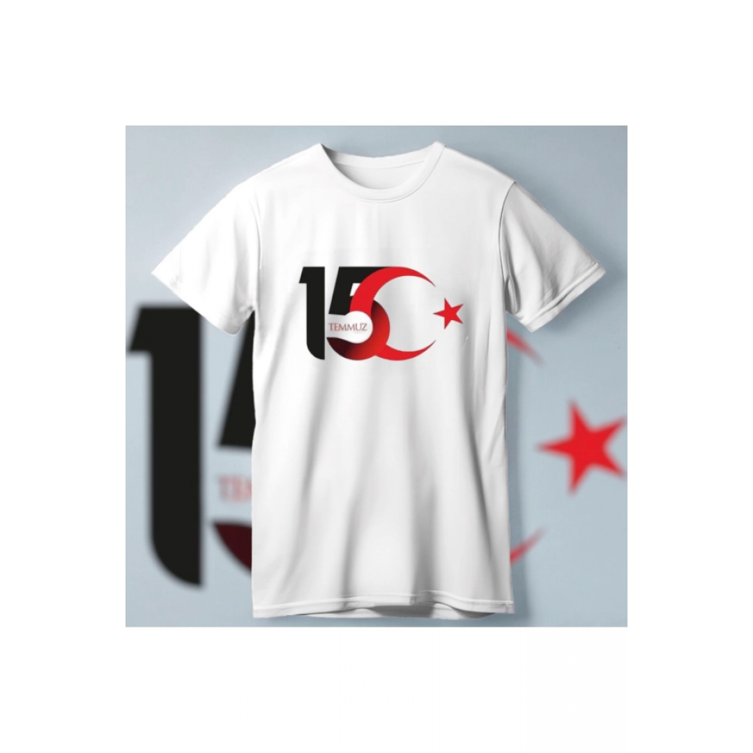 15 Temmuza Özel Tasarım Ay Yıldız Baskılı T-shirt - Beyaz 161357
