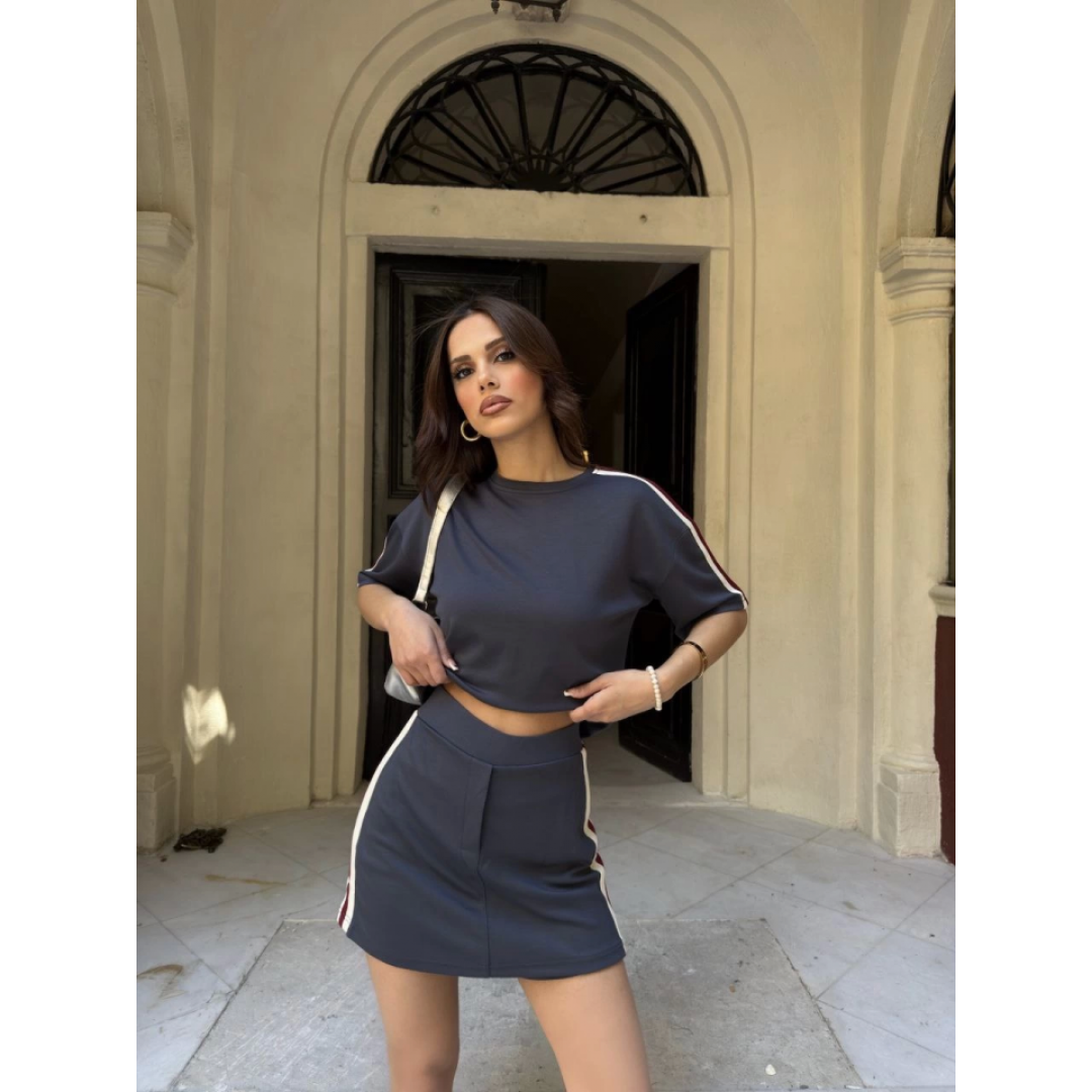 Osy Modal Yumuşak Dokulu Kumaş Parçalı Bisiklet Yaka T-shirt Mini Şortlu Etek İkili Takım - Füme