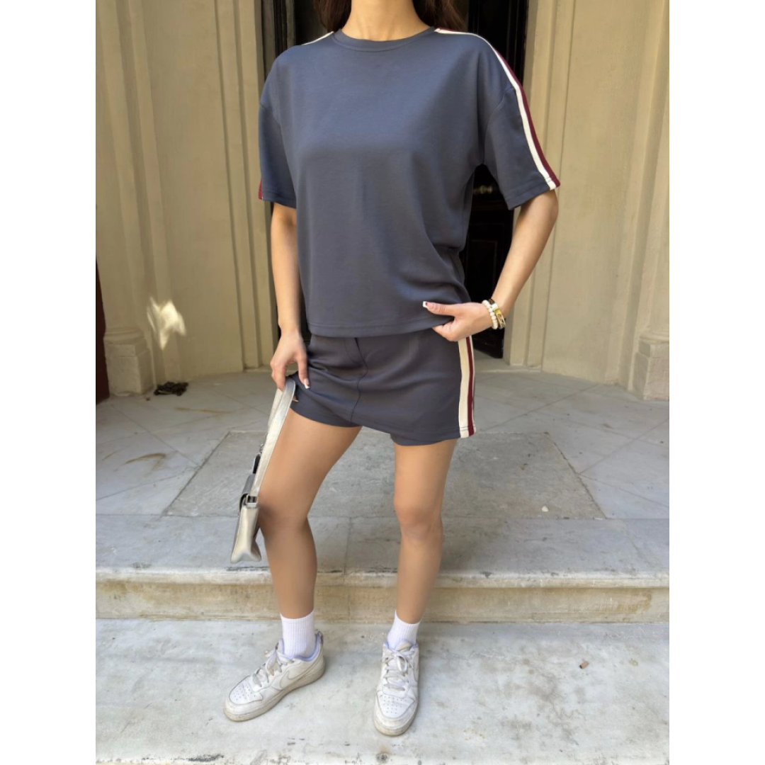 Osy Modal Yumuşak Dokulu Kumaş Parçalı Bisiklet Yaka T-shirt Mini Şortlu Etek İkili Takım - Füme 161836
