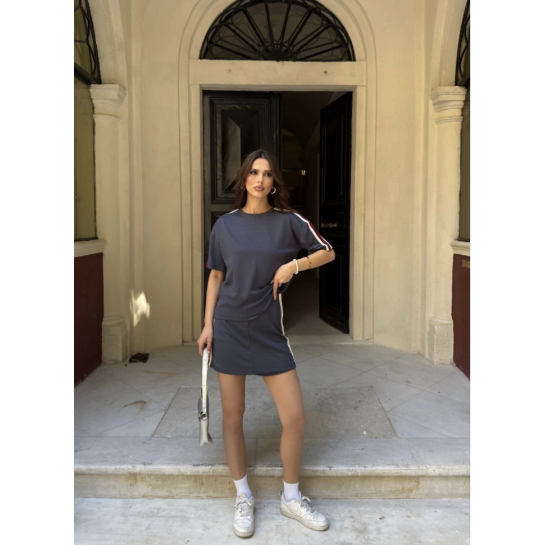 Osy Modal Yumuşak Dokulu Kumaş Parçalı Bisiklet Yaka T-shirt Mini Şortlu Etek İkili Takım - Füme 161836