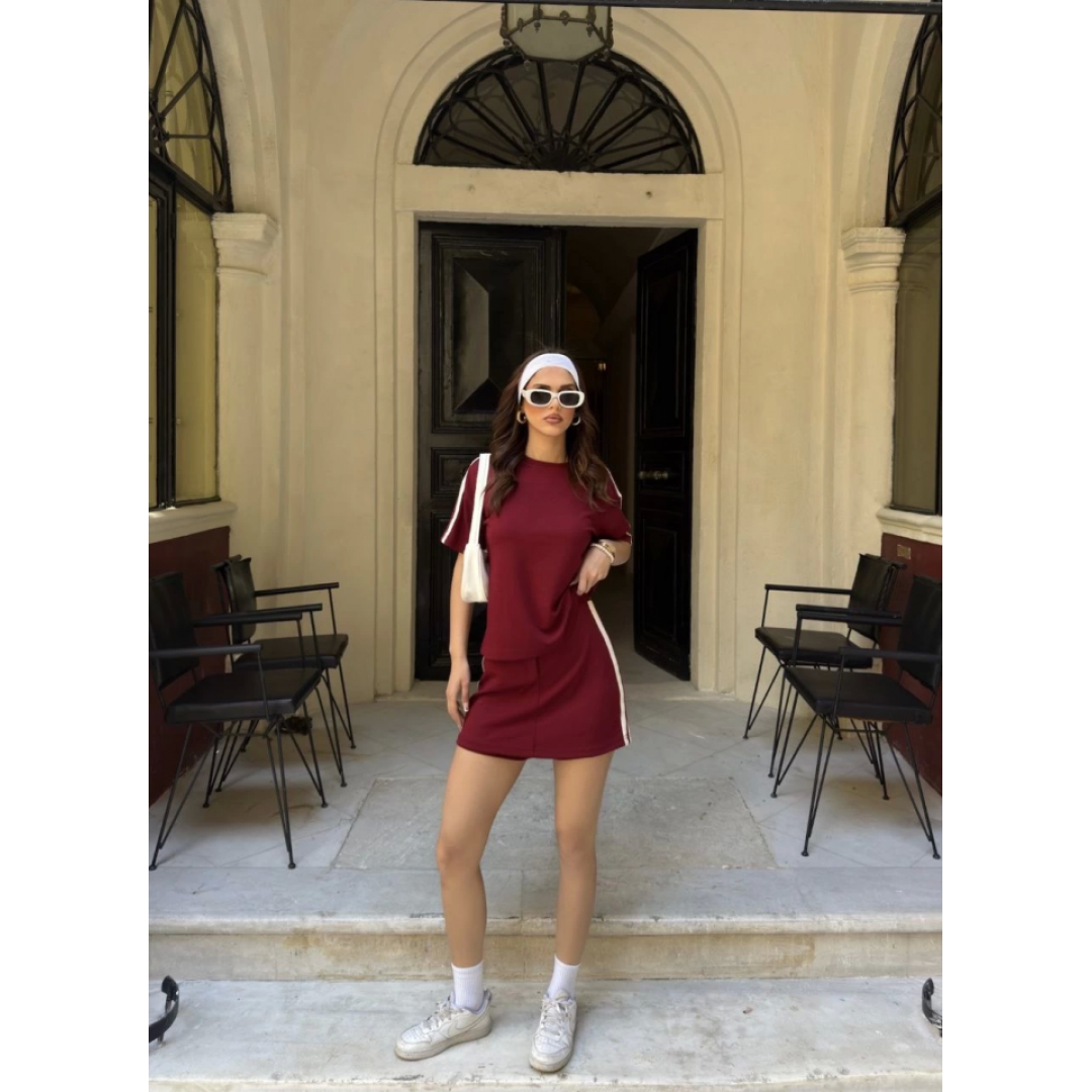 Osy Modal Yumuşak Dokulu Kumaş Parçalı Bisiklet Yaka T-shirt Mini Şortlu Etek İkili Takım -Bordo 161837 Osy Modal Yumuşak Dokulu Kumaş Parçalı Bisiklet Yaka T-shirt Mini Şortlu Etek İkili Takım -Bordo 161837