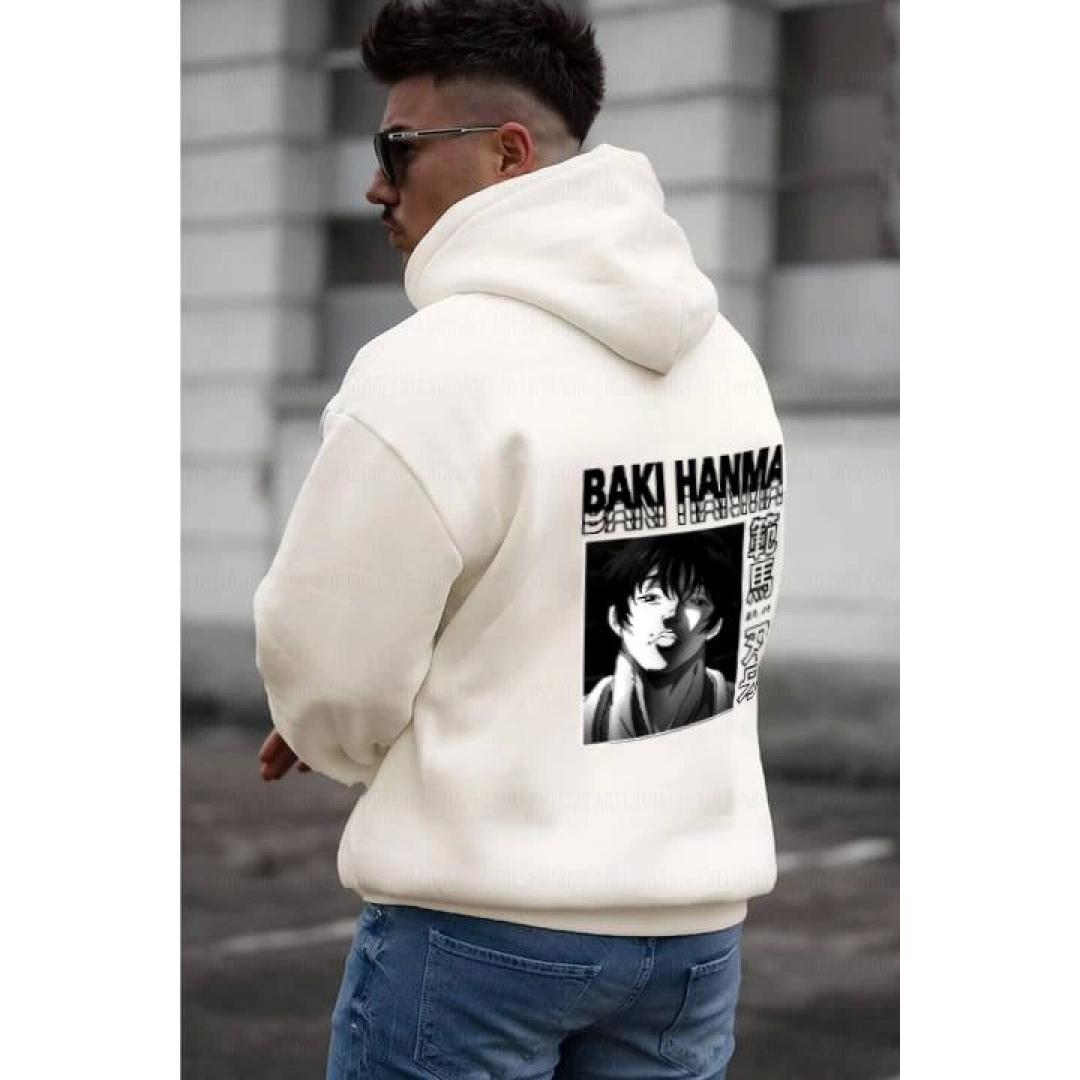 Erkek Baskılı Kapüşonlu Ve Kordon İpli Sweat - Beyaz