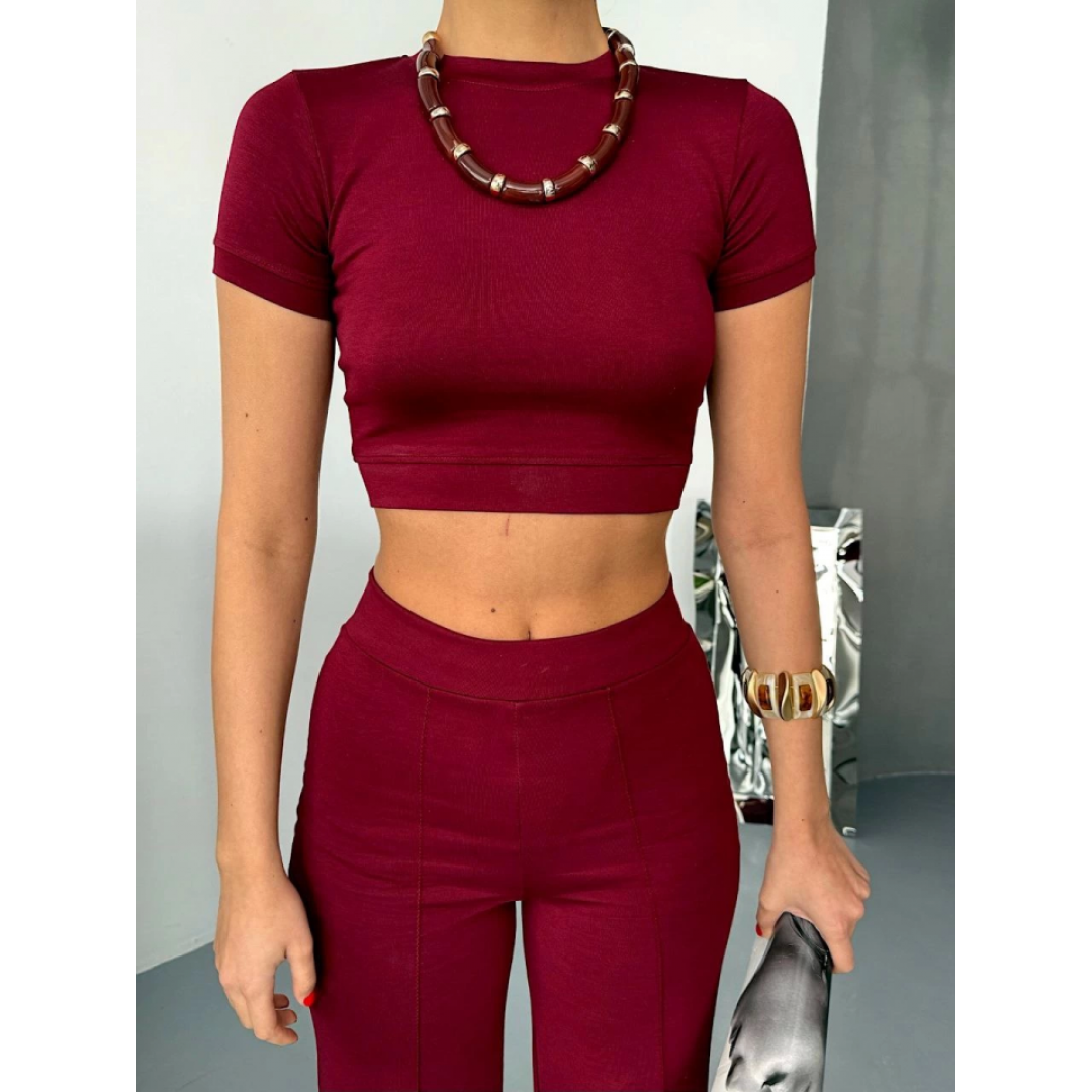 Osy Modal Yumuşak Dokulu Kumaş Kısa Kollu Crop Alt Ispanyol Paça Pantalon Ikili Takım - Bordo 162225 Osy Modal Yumuşak Dokulu Kumaş Kısa Kollu Crop Alt Ispanyol Paça Pantalon Ikili Takım - Bordo 162225