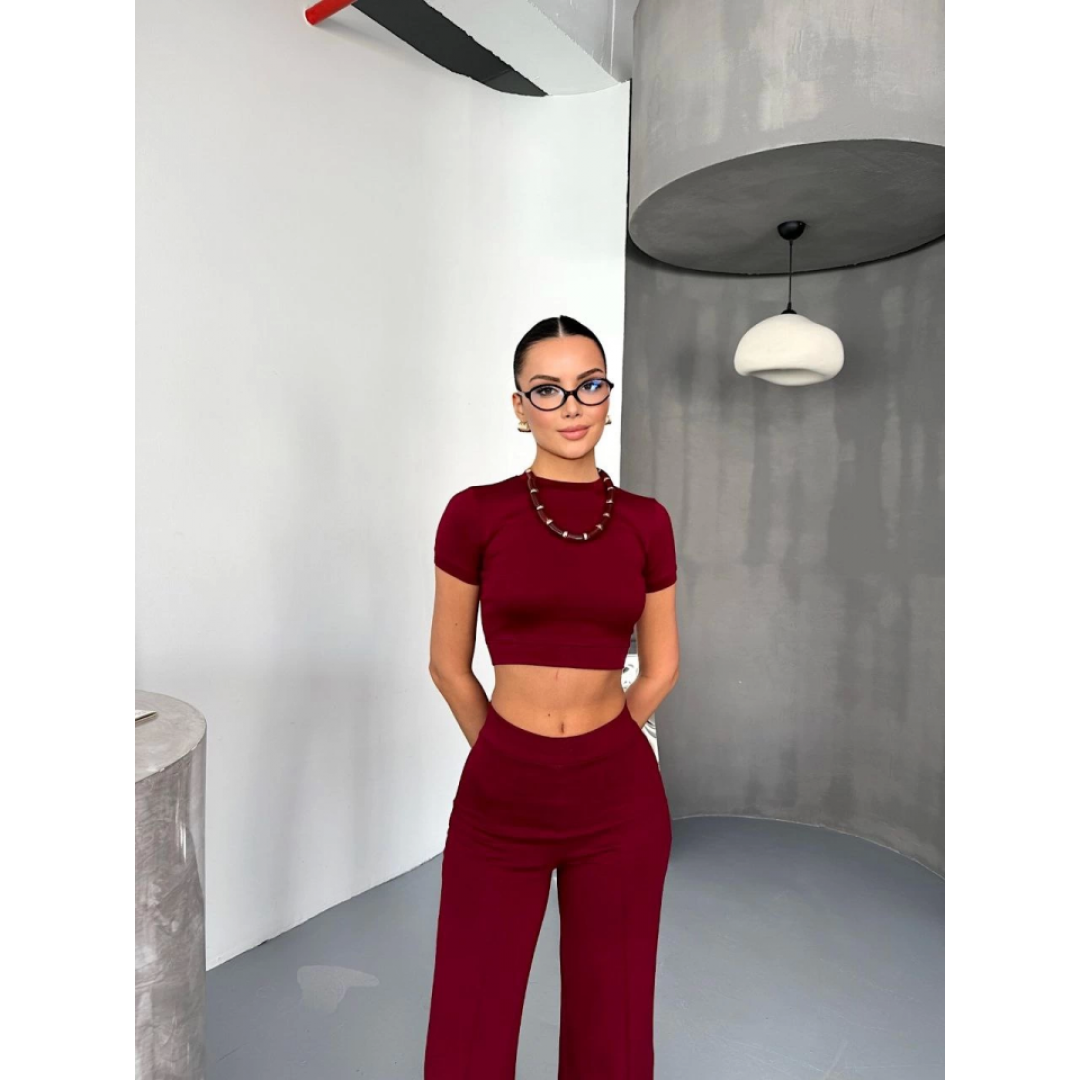 Osy Modal Yumuşak Dokulu Kumaş Kısa Kollu Crop Alt Ispanyol Paça Pantalon Ikili Takım - Bordo 162225 Osy Modal Yumuşak Dokulu Kumaş Kısa Kollu Crop Alt Ispanyol Paça Pantalon Ikili Takım - Bordo 162225