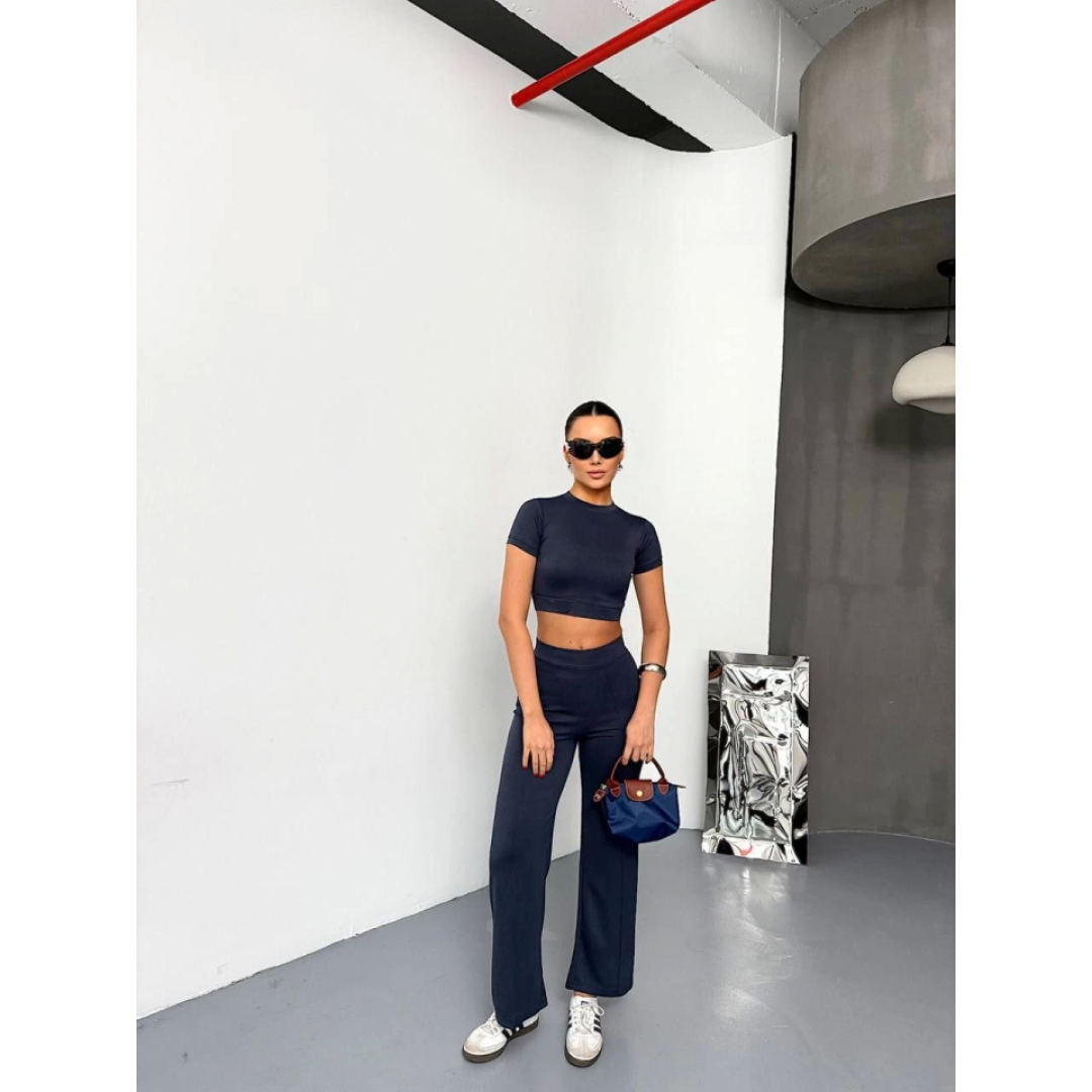 Osy Modal Yumuşak Dokulu Kumaş Kısa Kollu Crop Alt Ispanyol Paça Pantalon Ikili Takım - Füme
