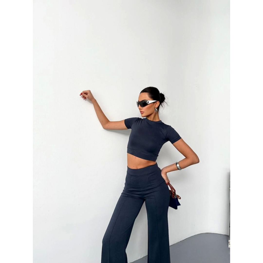 Osy Modal Yumuşak Dokulu Kumaş Kısa Kollu Crop Alt Ispanyol Paça Pantalon Ikili Takım - Füme 162226 Osy Modal Yumuşak Dokulu Kumaş Kısa Kollu Crop Alt Ispanyol Paça Pantalon Ikili Takım - Füme 162226