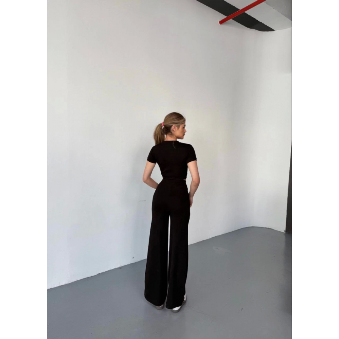 Osy Modal Yumuşak Dokulu Kumaş Kısa Kollu Crop Rahat Pantalon Ikili Takım - Siyah 162227