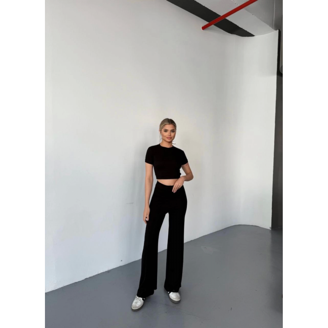 Osy Modal Yumuşak Dokulu Kumaş Kısa Kollu Crop Rahat Pantalon Ikili Takım - Siyah 162227