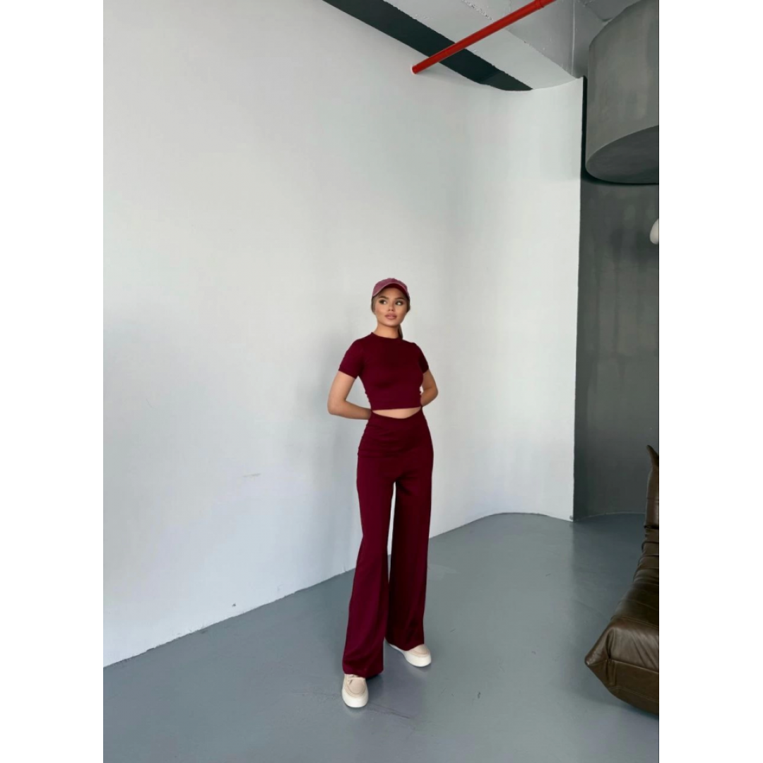 Osy Modal Yumuşak Dokulu Kumaş Kısa Kollu Crop Rahat Pantalon Ikili Takım - Bordo