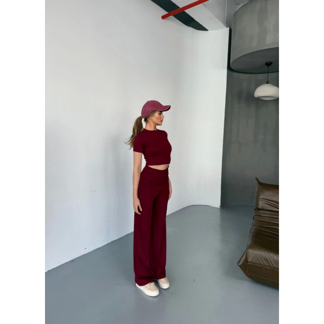 Osy Modal Yumuşak Dokulu Kumaş Kısa Kollu Crop Rahat Pantalon Ikili Takım - Bordo 162228 Osy Modal Yumuşak Dokulu Kumaş Kısa Kollu Crop Rahat Pantalon Ikili Takım - Bordo 162228