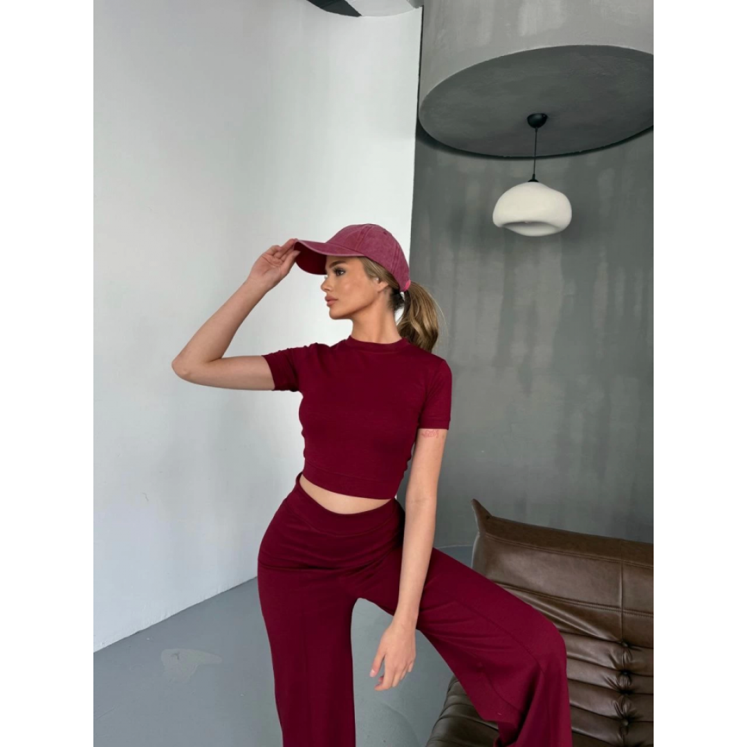 Osy Modal Yumuşak Dokulu Kumaş Kısa Kollu Crop Rahat Pantalon Ikili Takım - Bordo 162228 Osy Modal Yumuşak Dokulu Kumaş Kısa Kollu Crop Rahat Pantalon Ikili Takım - Bordo 162228