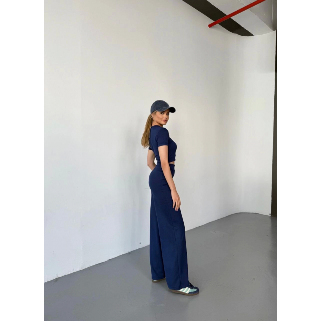 Osy Modal Yumuşak Dokulu Kumaş Kısa Kollu Crop Rahat Pantalon Ikili Takım - Lacivert