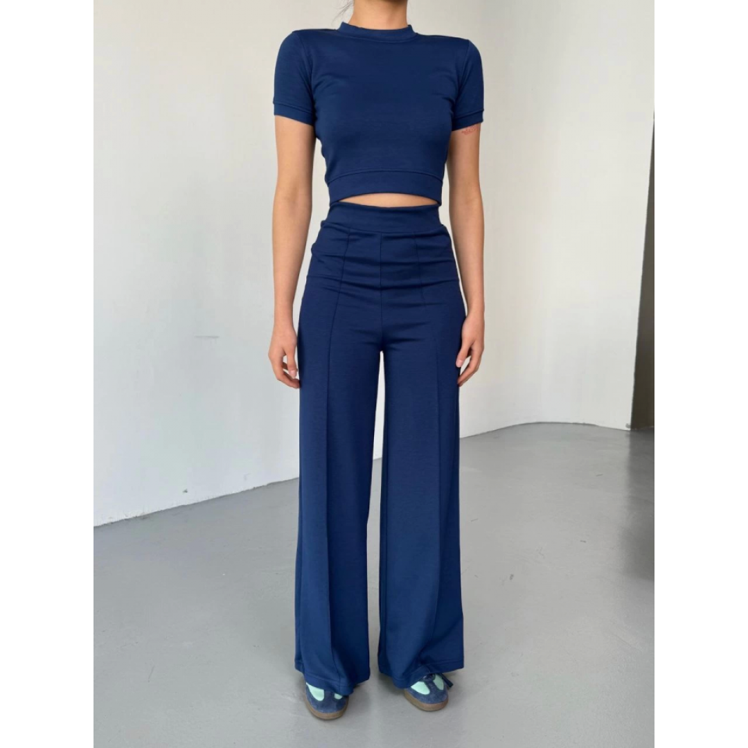 Osy Modal Yumuşak Dokulu Kumaş Kısa Kollu Crop Rahat Pantalon Ikili Takım - Lacivert 162229