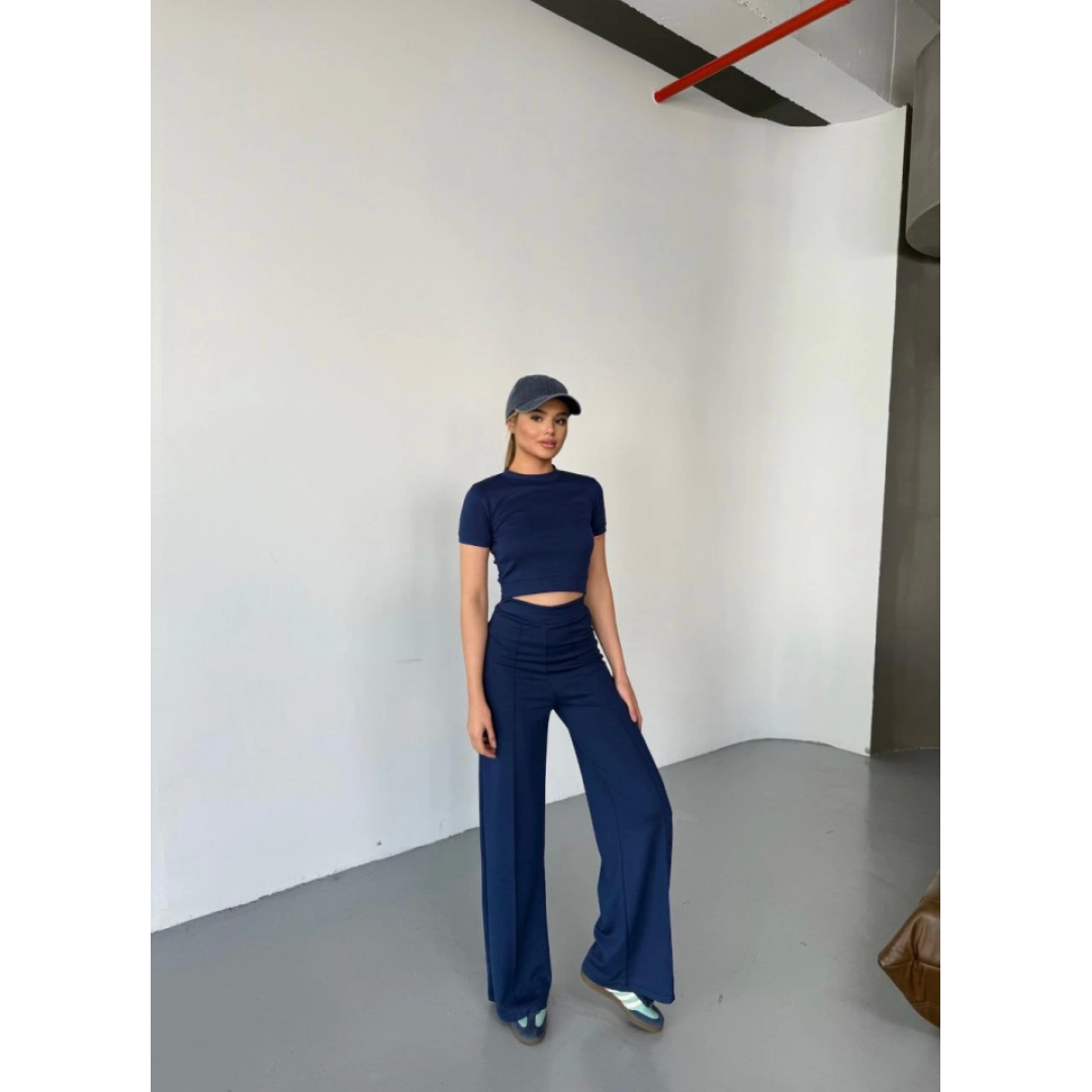 Osy Modal Yumuşak Dokulu Kumaş Kısa Kollu Crop Rahat Pantalon Ikili Takım - Lacivert 162229