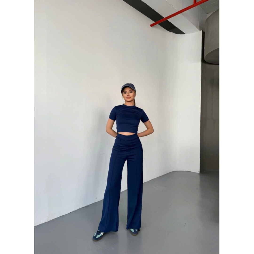 Osy Modal Yumuşak Dokulu Kumaş Kısa Kollu Crop Rahat Pantalon Ikili Takım - Lacivert 162229