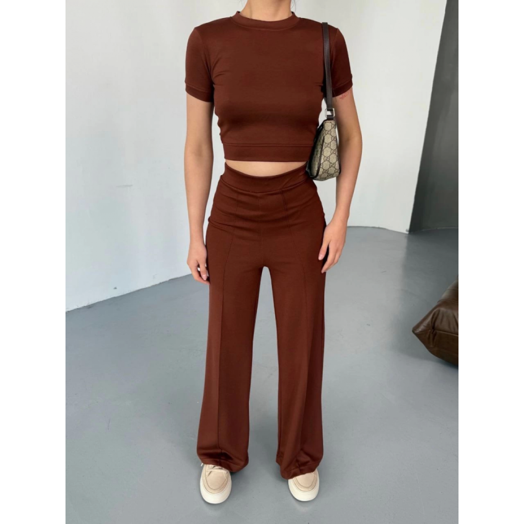 Osy Modal Yumuşak Dokulu Kumaş Kısa Kollu Crop Rahat Pantalon Ikili Takım - Kahverengi - 162230 Osy Modal Yumuşak Dokulu Kumaş Kısa Kollu Crop Rahat Pantalon Ikili Takım - Kahverengi - 162230