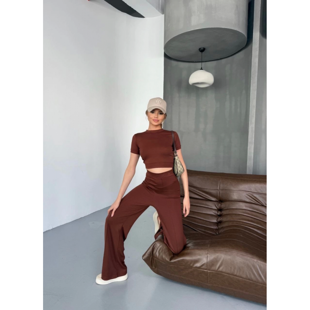 Osy Modal Yumuşak Dokulu Kumaş Kısa Kollu Crop Rahat Pantalon Ikili Takım - Kahverengi - 162230 Osy Modal Yumuşak Dokulu Kumaş Kısa Kollu Crop Rahat Pantalon Ikili Takım - Kahverengi - 162230