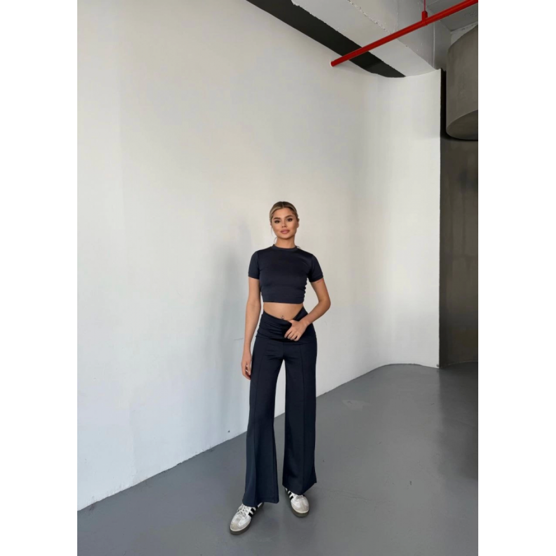 Osy Modal Yumuşak Dokulu Kumaş Kısa Kollu Crop Rahat Pantalon Ikili Takım - Füme