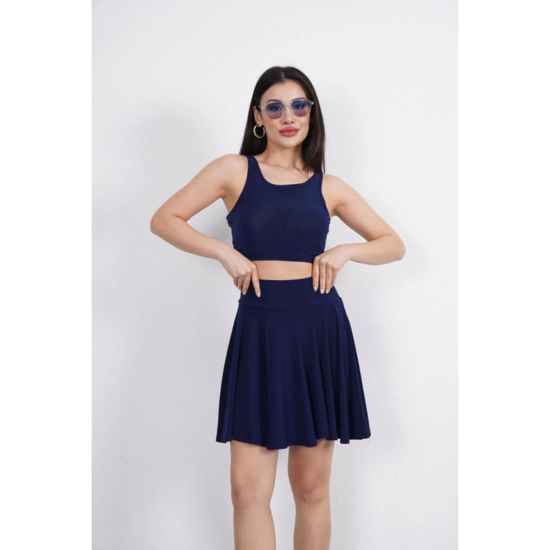 Sendy Kumaş Bisiklet Yaka Crop Şortlu Etek Ikili Takım - Lacivert