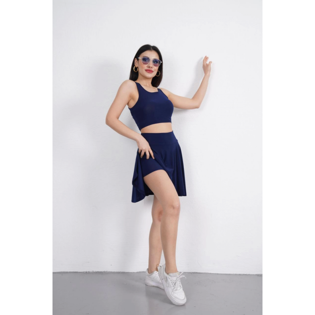 Sendy Kumaş Bisiklet Yaka Crop Şortlu Etek Ikili Takım - Lacivert 162233