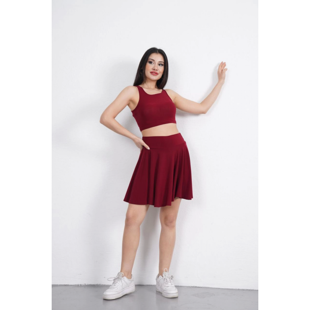 Sendy Kumaş Bisiklet Yaka Crop Şortlu Etek Ikili Takım - Bordo