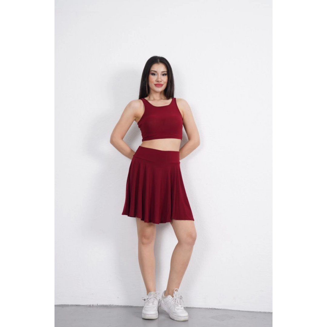 Sendy Kumaş Bisiklet Yaka Crop Şortlu Etek Ikili Takım - Bordo 162235