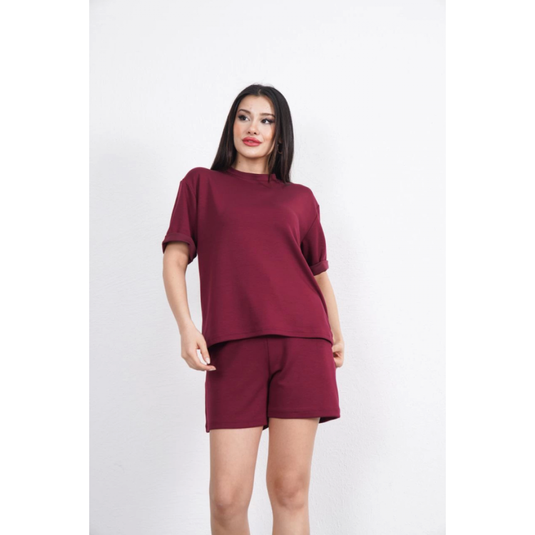 Osy Modal Yumuşak Dokulu Kumaş Bisiklet Yaka T-shirt Kısa Şort İkili Takım - Bordo 162238 Osy Modal Yumuşak Dokulu Kumaş Bisiklet Yaka T-shirt Kısa Şort İkili Takım - Bordo 162238