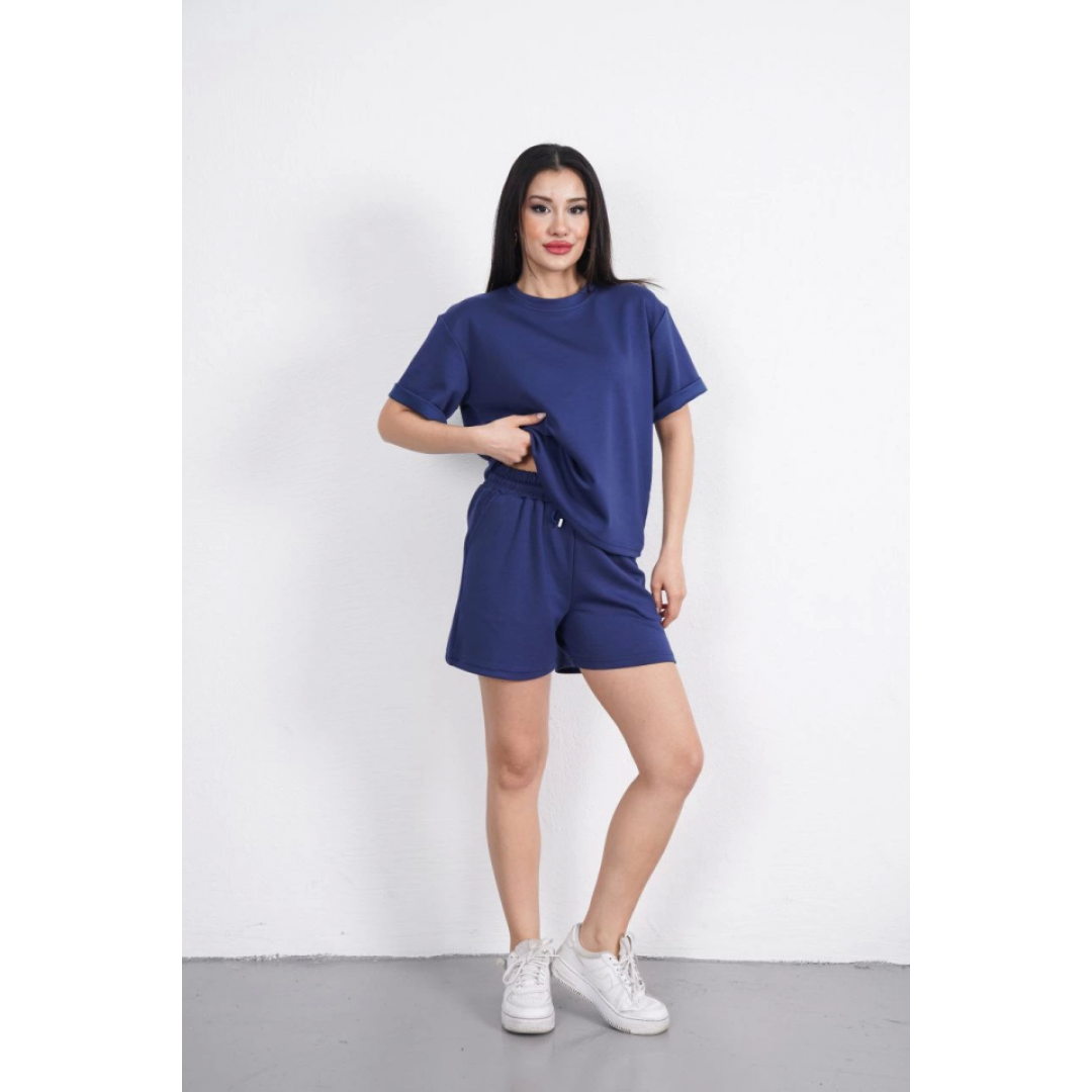 Osy Modal Yumuşak Dokulu Kumaş Bisiklet Yaka T-shirt Kısa Şort İkili Takım - Mavi