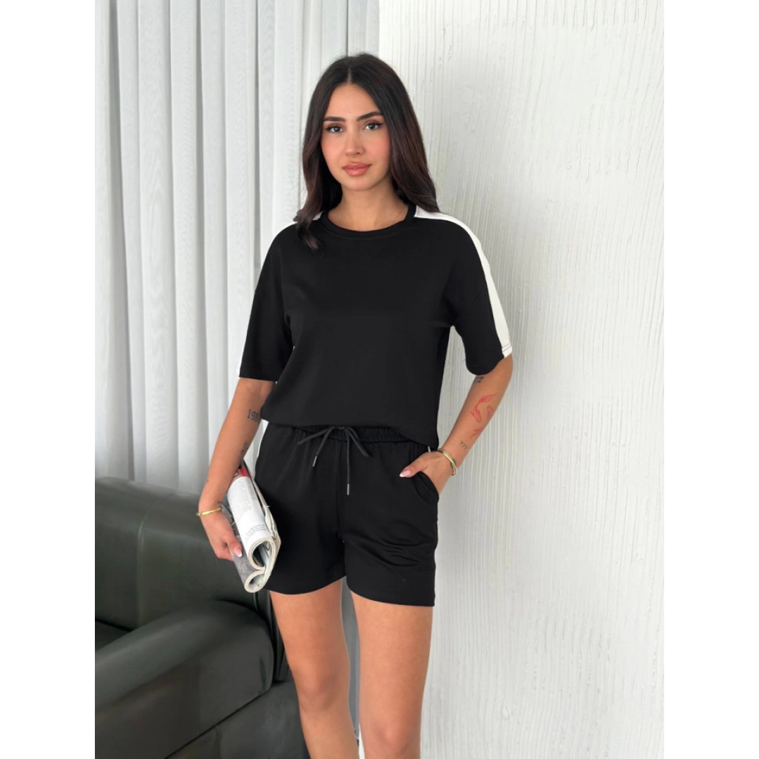 Osy Modal Yumuşak Dokulu Kumaş Parçalı Bisiklet Yaka T-shirt Kısa Şort İkili Takım - Siyah