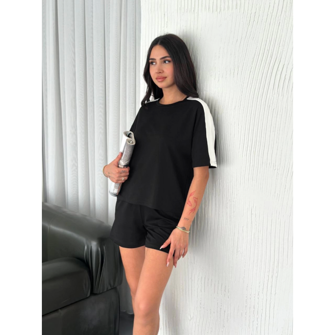 Osy Modal Yumuşak Dokulu Kumaş Parçalı Bisiklet Yaka T-shirt Kısa Şort İkili Takım - Siyah 162241