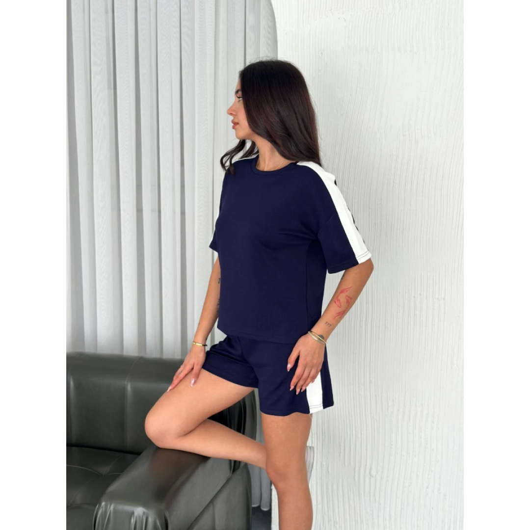 Osy Modal Yumuşak Dokulu Kumaş Parçalı Bisiklet Yaka T-shirt Kısa Şort İkili Takım - Mavi 162243 Osy Modal Yumuşak Dokulu Kumaş Parçalı Bisiklet Yaka T-shirt Kısa Şort İkili Takım - Mavi 162243