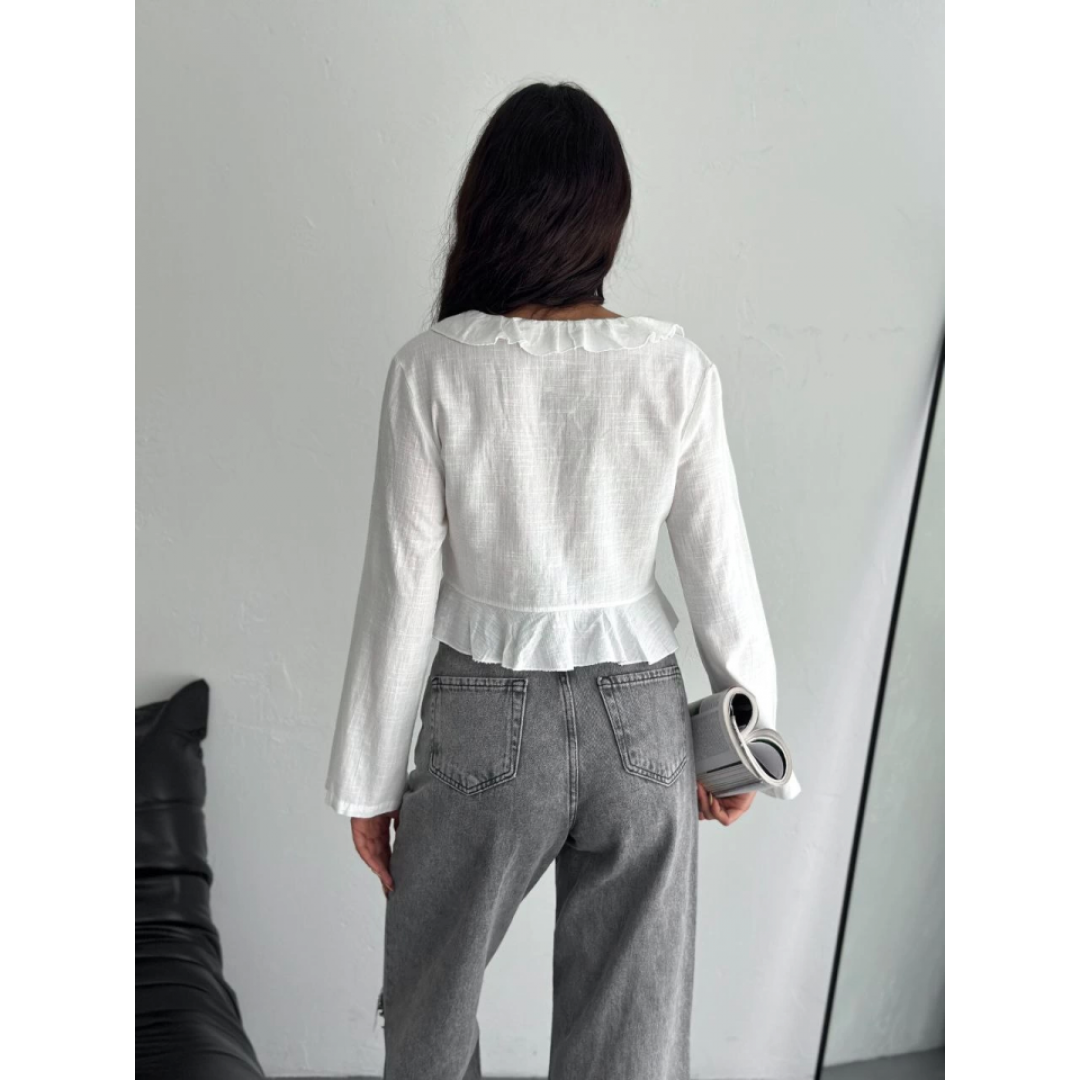 Keten Uzun Kol Bağacık Detaylı Bluz - Beyaz - 162285 Keten Uzun Kol Bağacık Detaylı Bluz - Beyaz - 162285