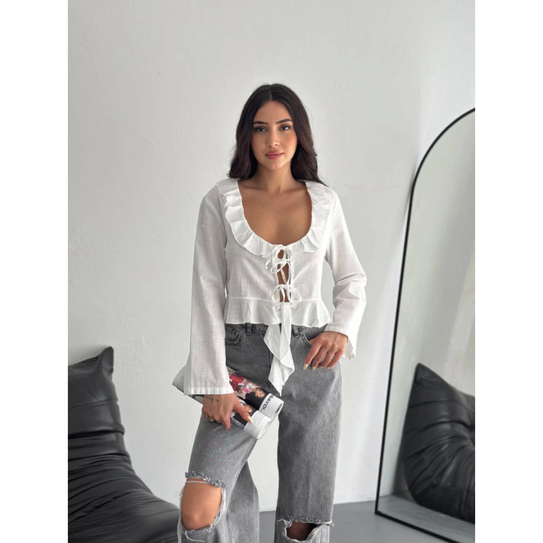 Keten Uzun Kol Bağacık Detaylı Bluz - Beyaz - 162285 Keten Uzun Kol Bağacık Detaylı Bluz - Beyaz - 162285