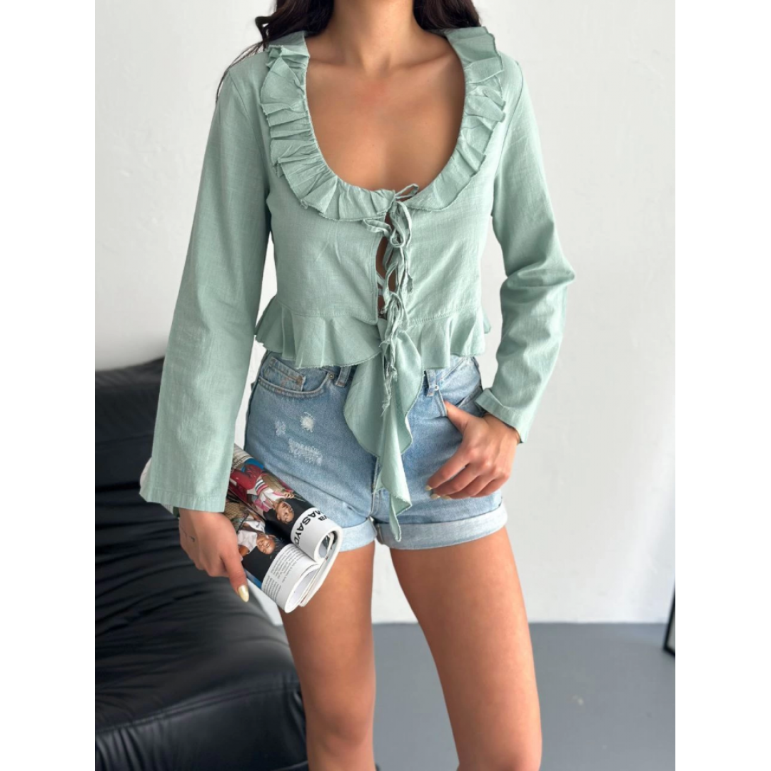Keten Uzun Kol Bağacık Detaylı Bluz - Yeşil - 162286 Keten Uzun Kol Bağacık Detaylı Bluz - Yeşil - 162286