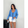 Keten Uzun Kol Bağacık Detaylı Bluz - Mavi - 162287