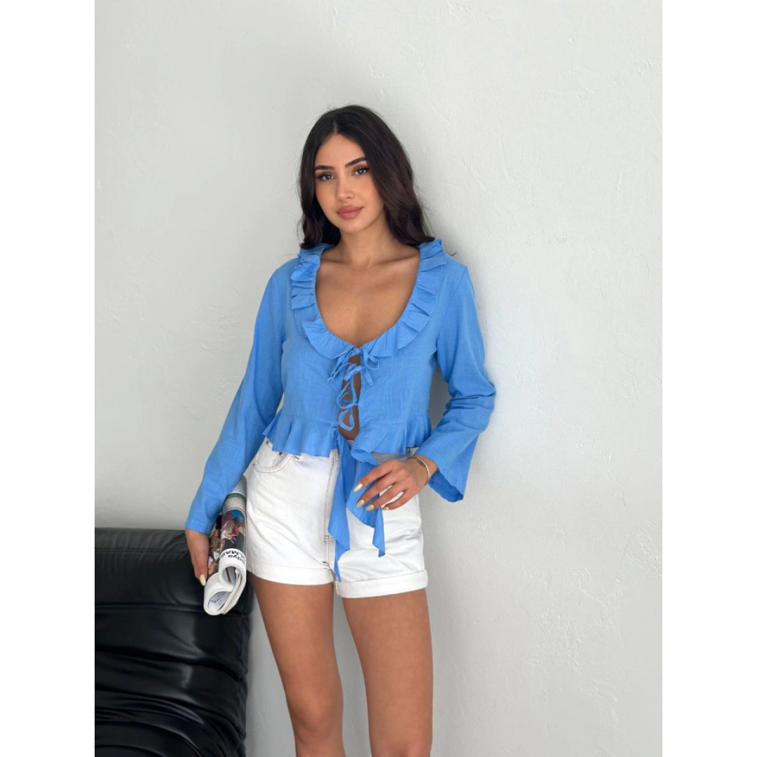 Keten Uzun Kol Bağacık Detaylı Bluz - Mavi