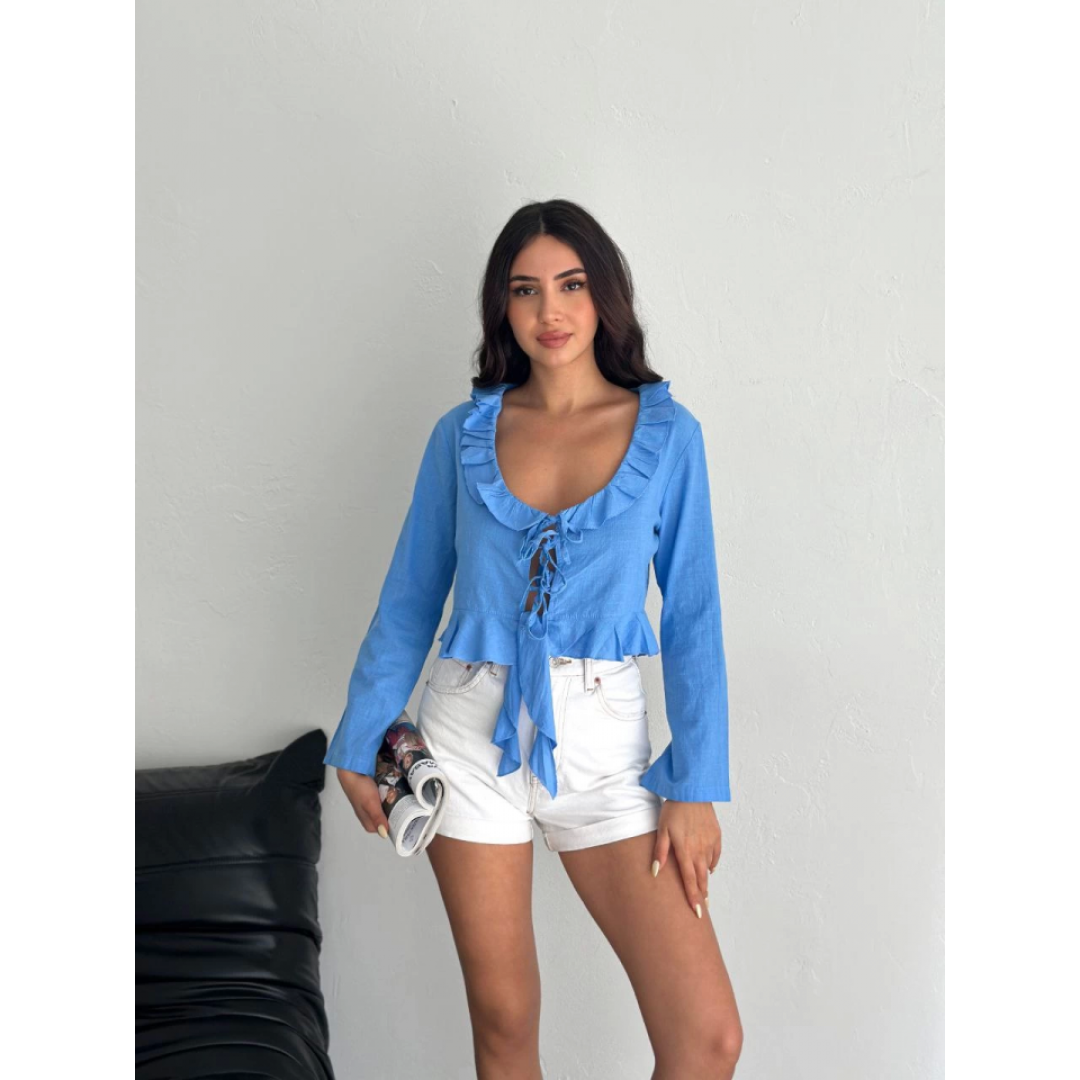 Keten Uzun Kol Bağacık Detaylı Bluz - Mavi - 162287