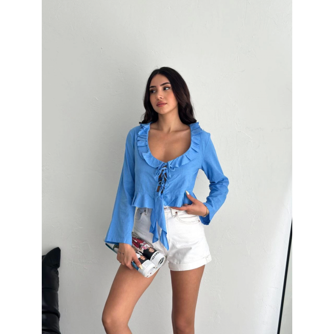 Keten Uzun Kol Bağacık Detaylı Bluz - Mavi - 162287