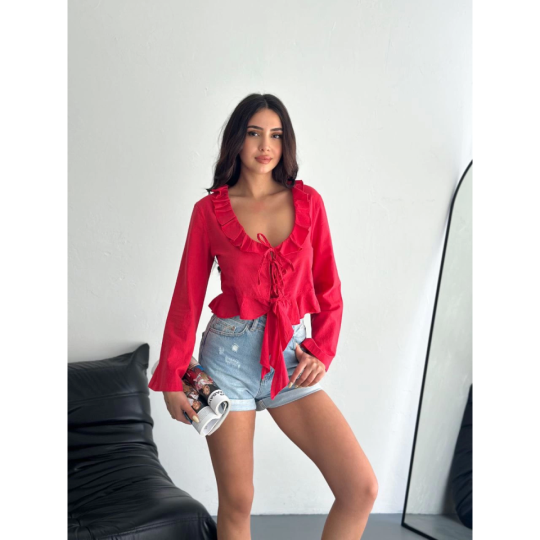 Keten Uzun Kol Bağacık Detaylı Bluz - Kırmızı - 162288 Keten Uzun Kol Bağacık Detaylı Bluz - Kırmızı - 162288