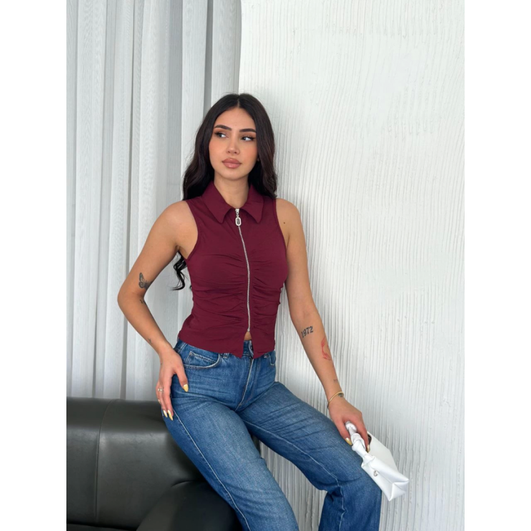 Yakalı Tam Fermuarlı Kolsuz Bluz - Bordo 162334 Yakalı Tam Fermuarlı Kolsuz Bluz - Bordo 162334
